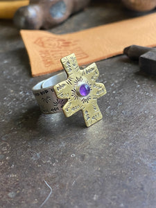 Amethyst~ Rustic~ cross~ Ring