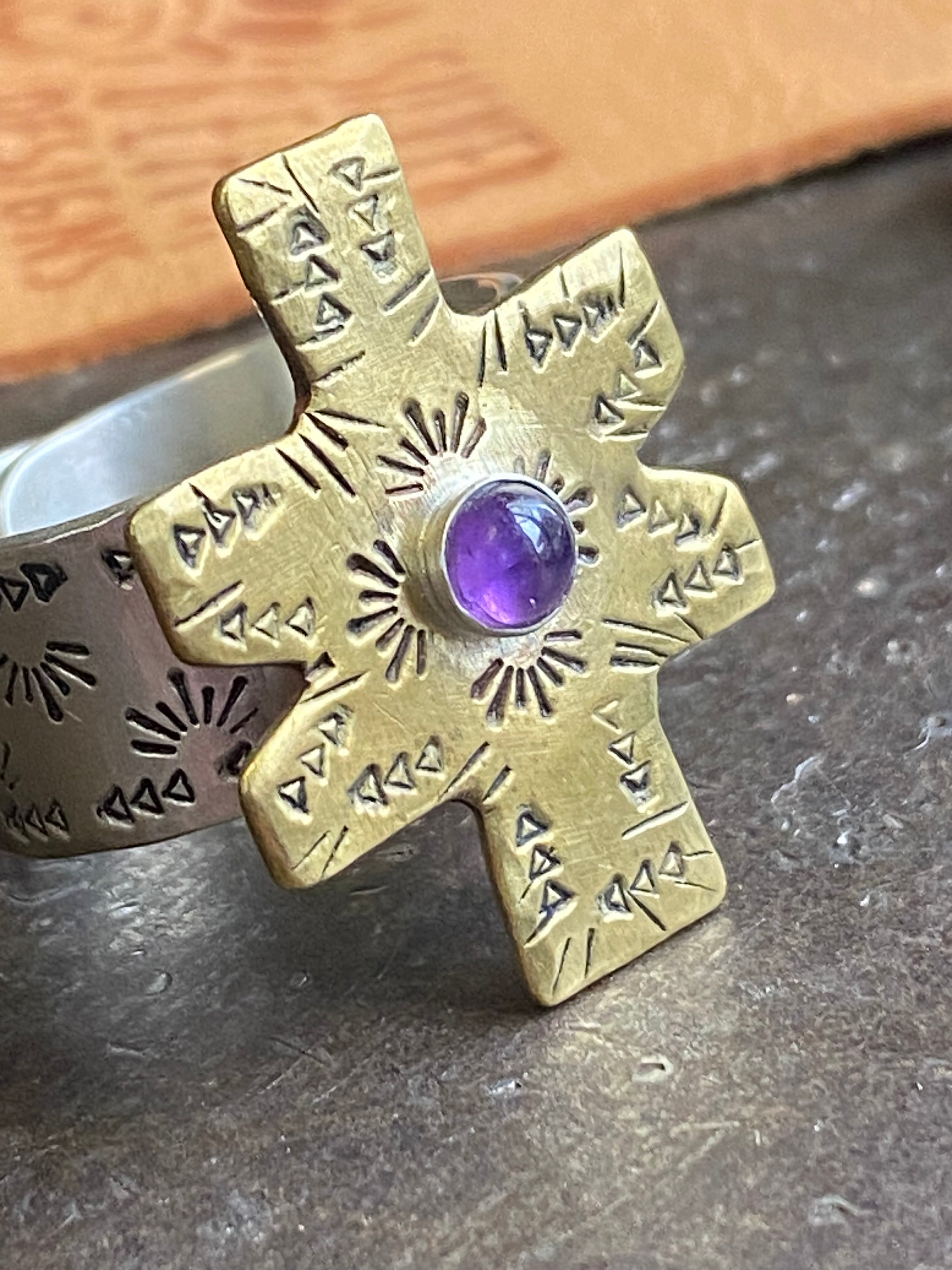 Amethyst~ Rustic~ cross~ Ring